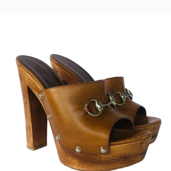 Gucci Cognac Morena Horsebit Studded Leather Clog Wooden Heel Sandal Size 8 - Picture 12 of 13